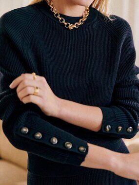 New Sezane Sami Merino Cotton Button Cuff Sweater Navy XS